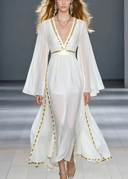 Unique White Patchwork Draping Chiffon Maxi Dresses Spring