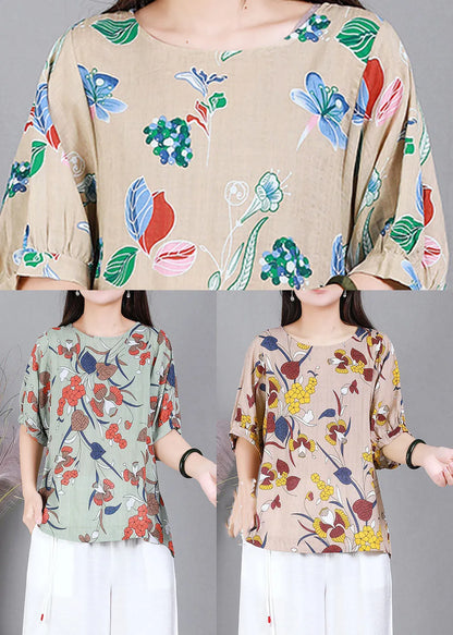 Italian Green O-neck Print Cotton Shirt Top Half Sleeve