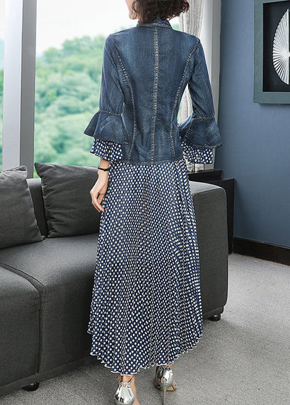 Blue Stand Collar Embroideried Patchwork Cotton Denim Coats Dot Print Chiffon Skirt Two Pieces Set Flare Sleeve