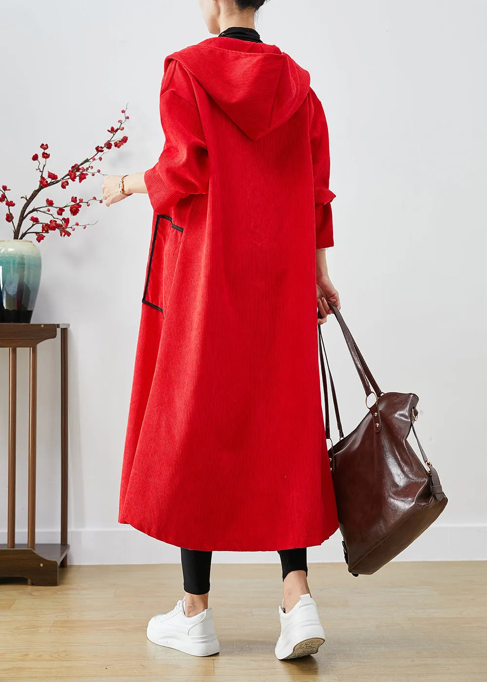 Red Hooded Big Pockets Corduroy Trench Coat Fall