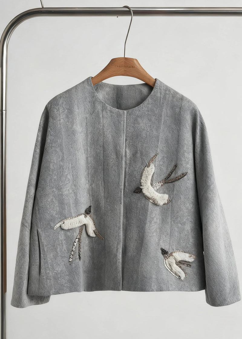 Style Khaki Embroidered Jacquard Silk Velvet Coat Outwear Fall