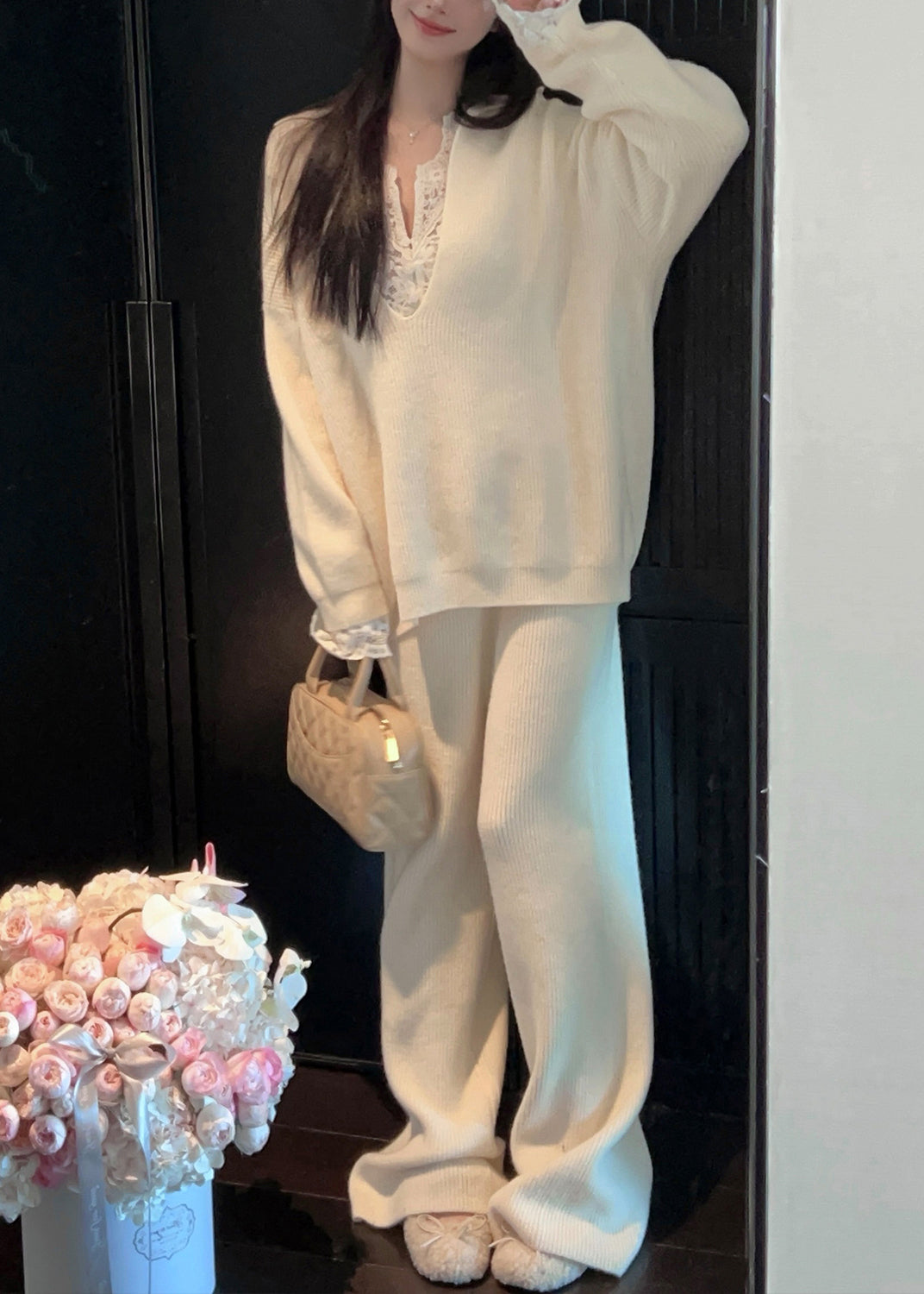 Loose White V Neck Cozy Sweaters and Pants Knit Two Piece Set Fall