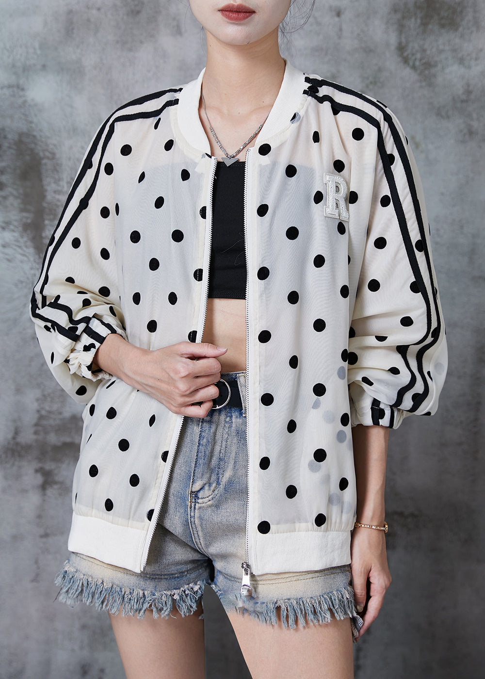 Beige Oversized Dot Print Spandex Jackets Fall