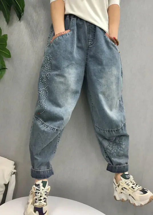 Natural Blue Embroideried Patchwork Denim Pants Spring