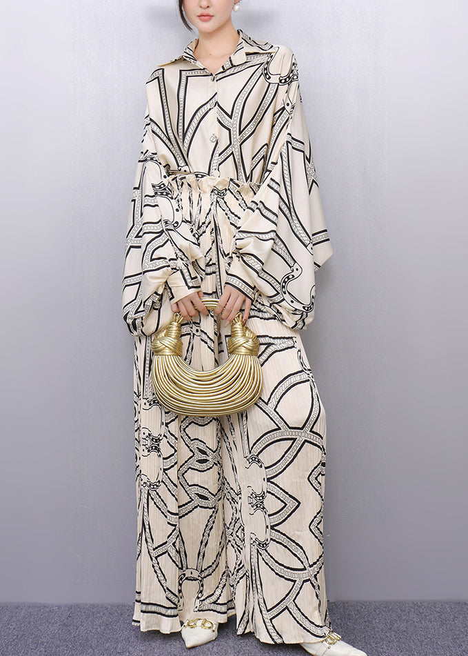 White Oversized Print Silk Two Piece Set Outfits Batwing Sleeve