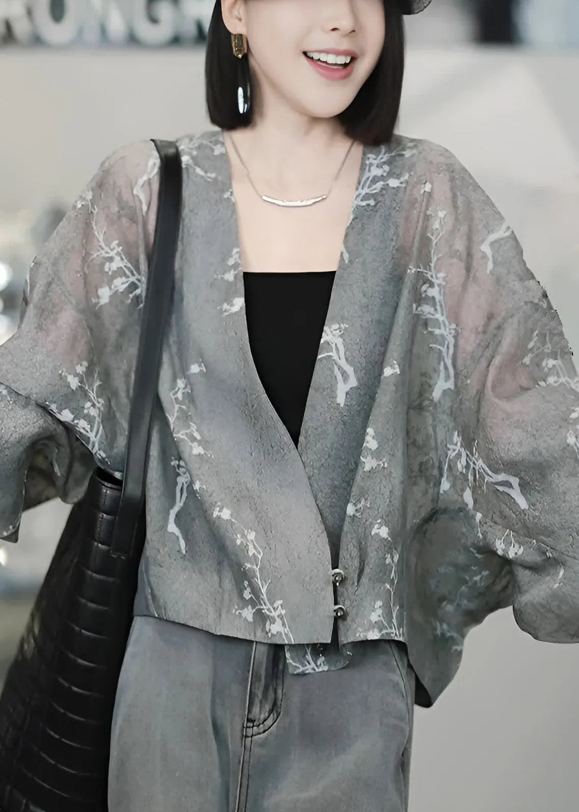 Vogue Grey V Neck Print Button Tulle Coats Batwing Sleeve