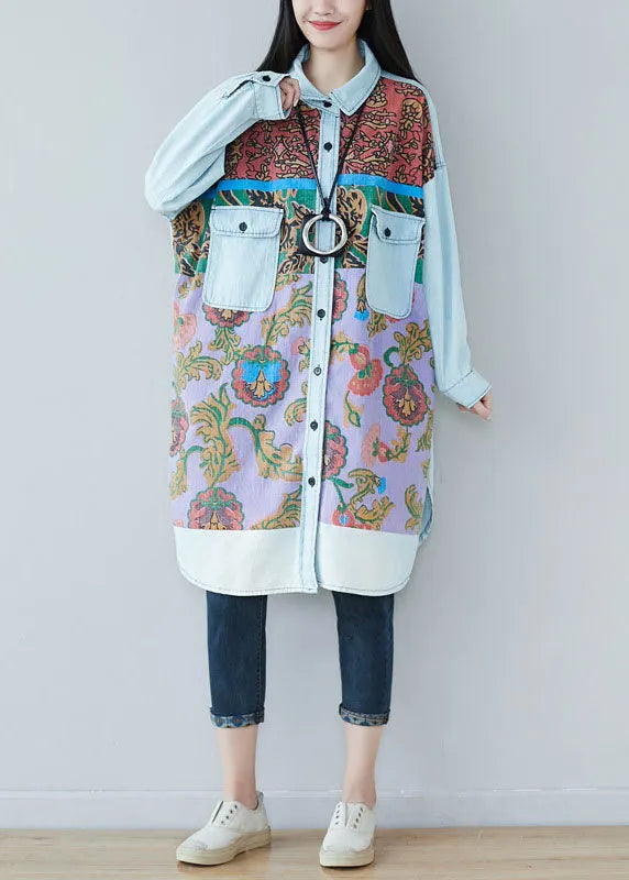 Art Light Blue Pockets Side Open Print Denim Shirt Dresses Spring