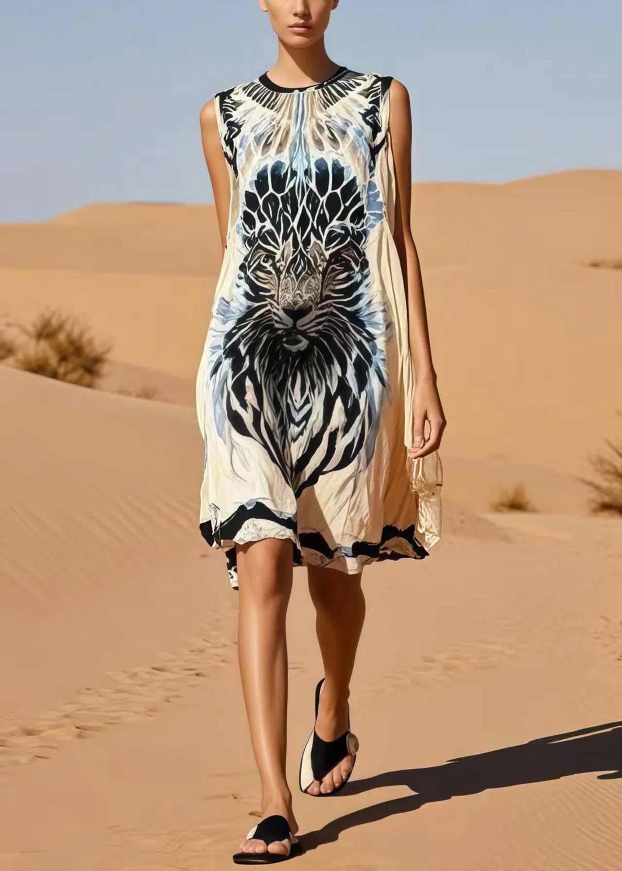 Beige Oversized Tiger Print Cotton Day Dress Sleeveless