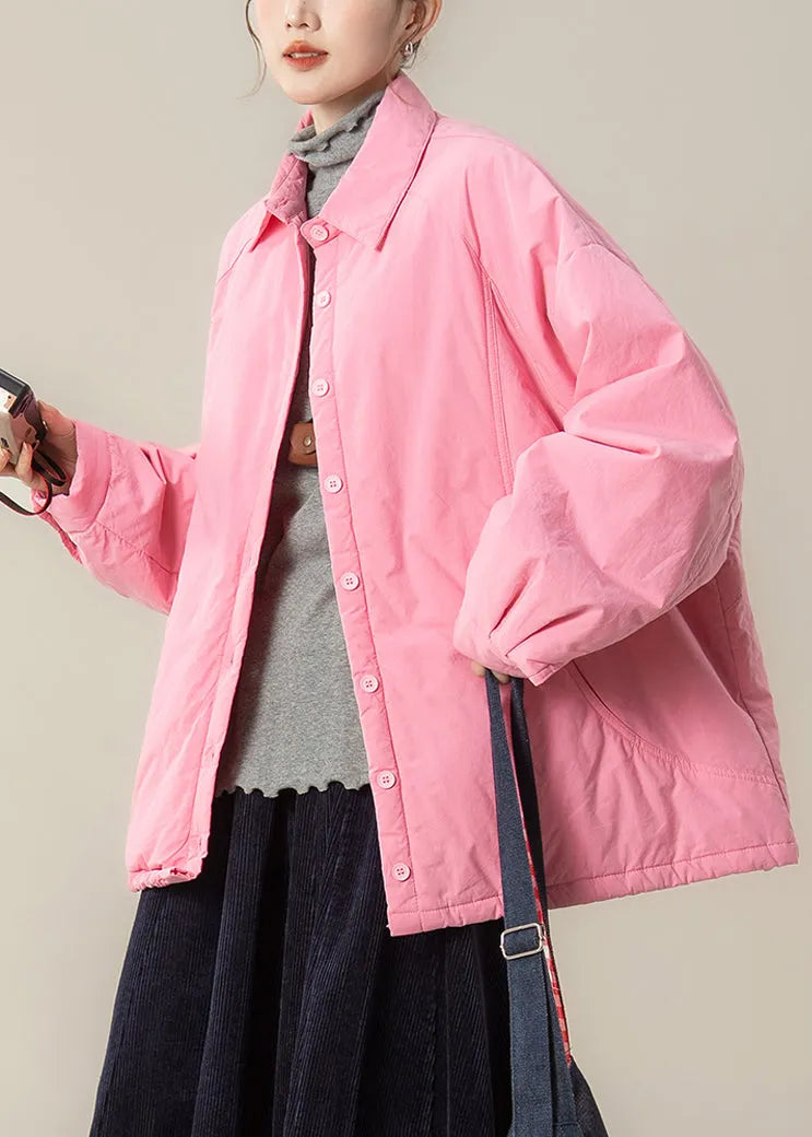 Pink Peter Pan Collar Pockets Cotton Filled Shirts Coats Winter