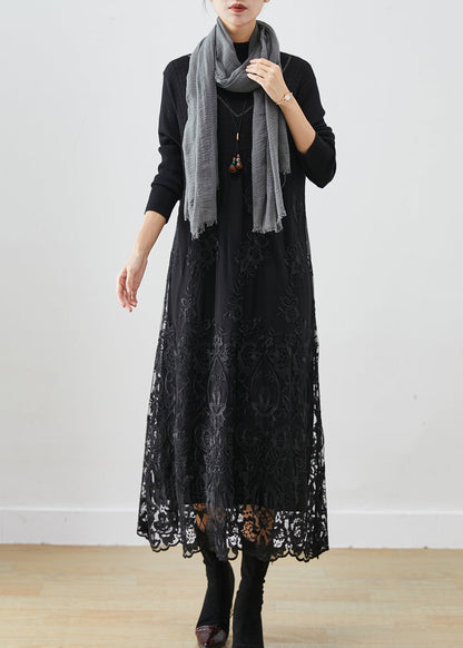 Handmade Black Embroideried Patchwork Knit Dress Fall