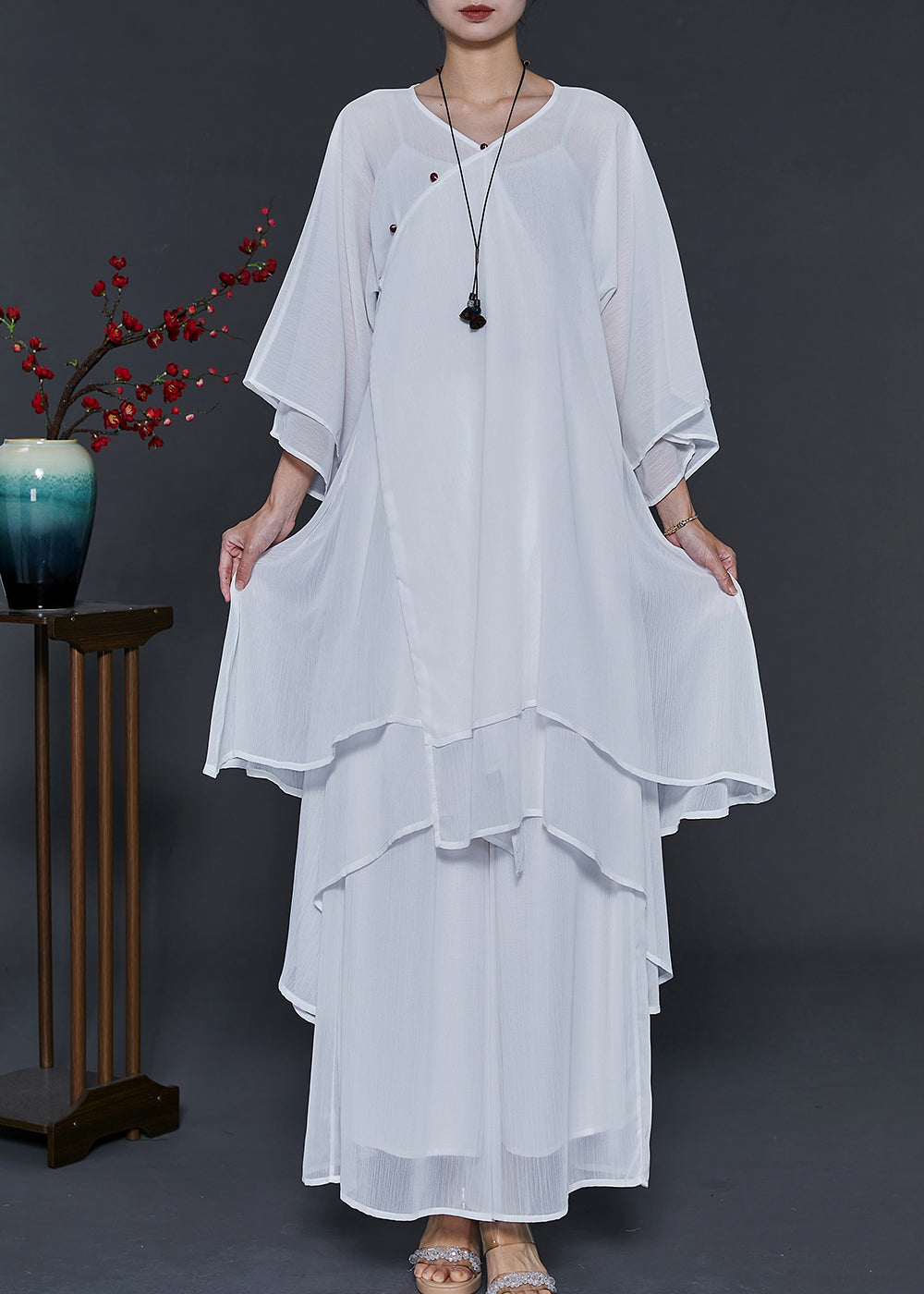White Draping Layered Chiffon Two Piece Suit Set Summer