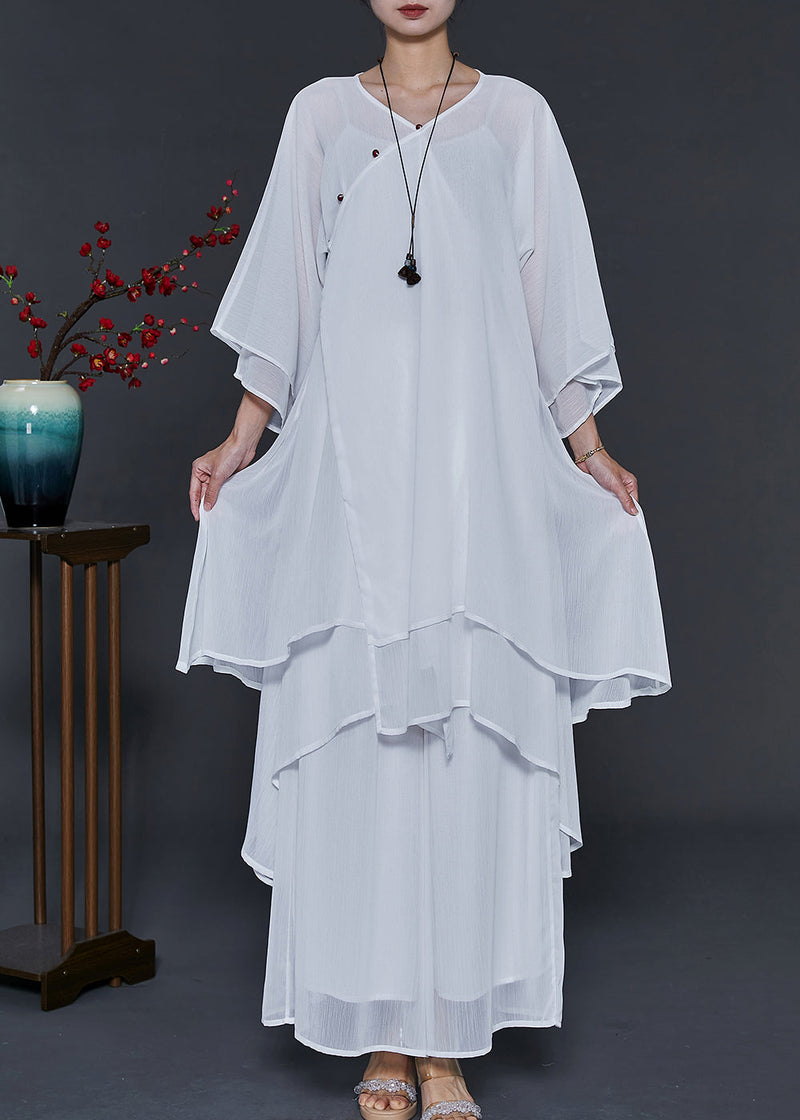 White Draping Layered Chiffon Two Piece Suit Set Summer