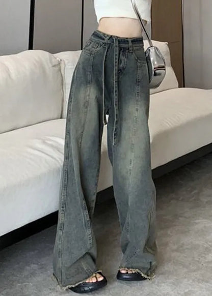 Blue Lace Up Pockets Denim Pants Spring