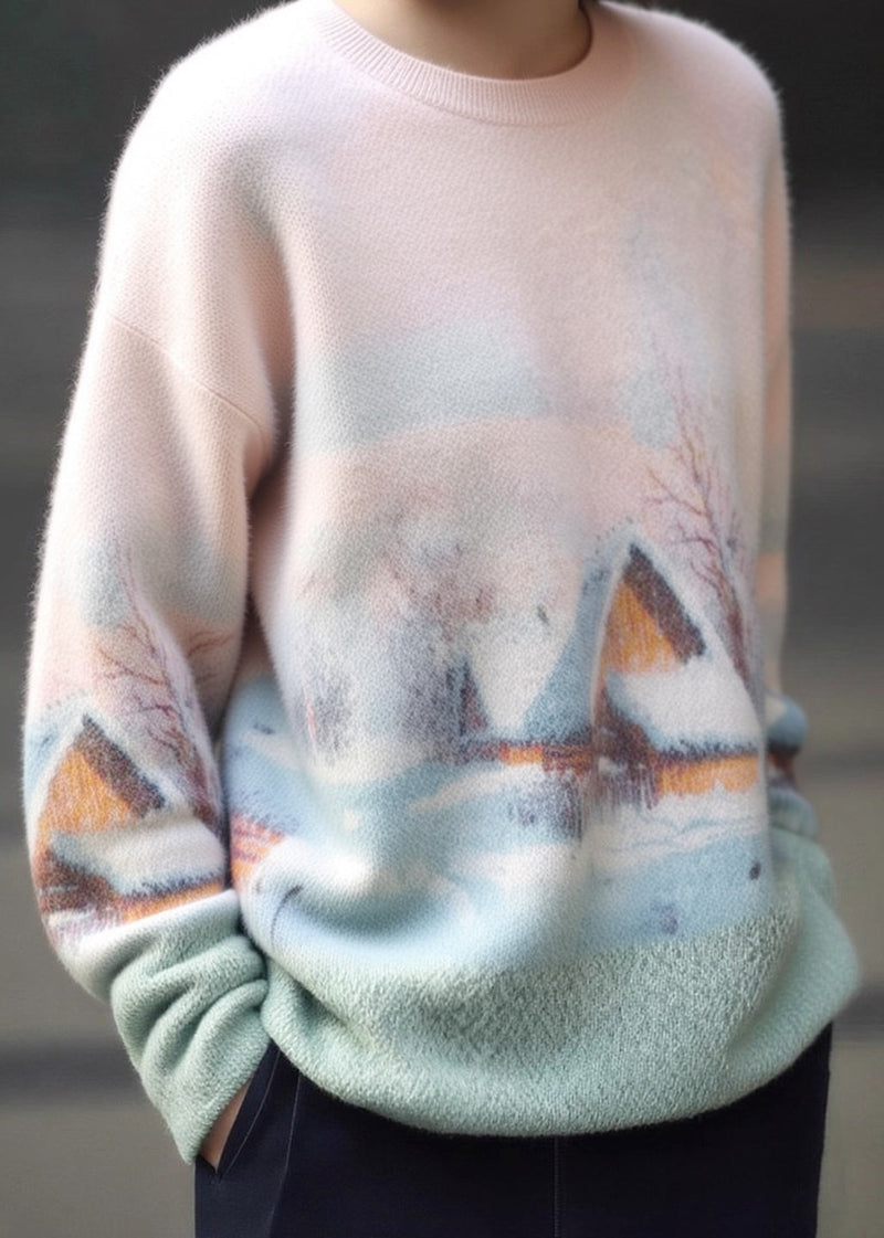 New Pink O Neck Print Cozy Warm Knit Sweater Winter