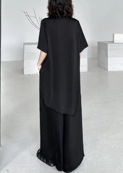 Black V Neck Asymmetrical Patchwork Cotton Two-piece Set Summer