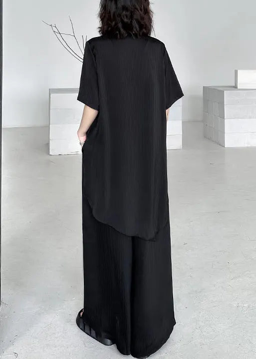 Black V Neck Asymmetrical Patchwork Cotton Two-piece Set Summer