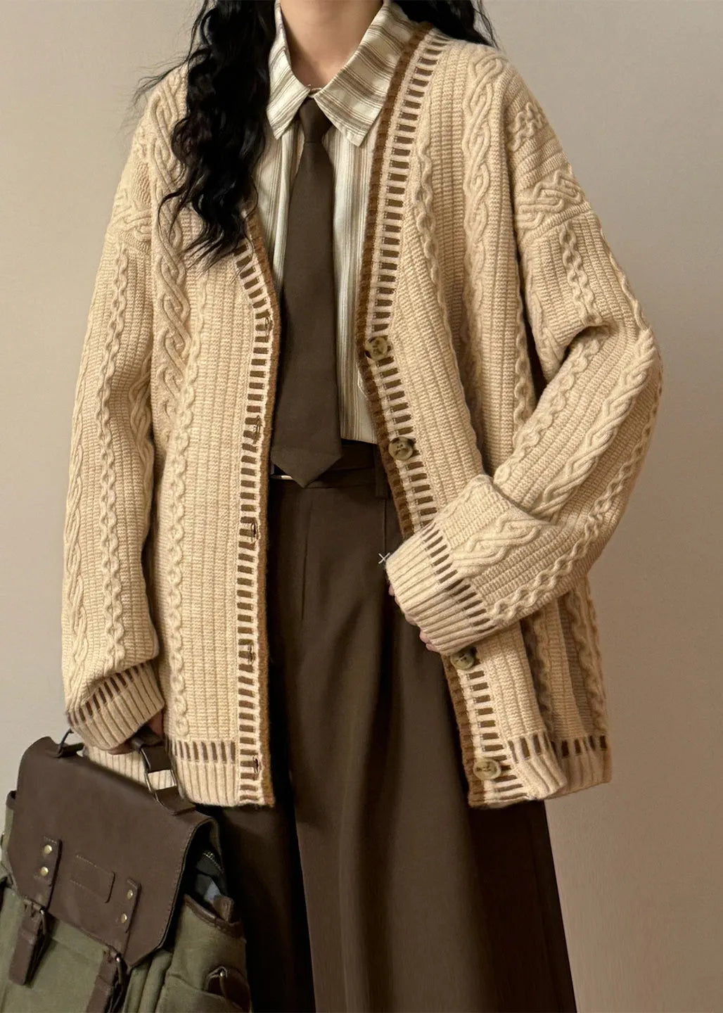 Coffee V Neck Button Cozy Cable Knit Coats Spring