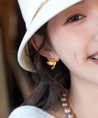 Modern Yellow Sterling Silver Overgild Little Bird Stud Earrings