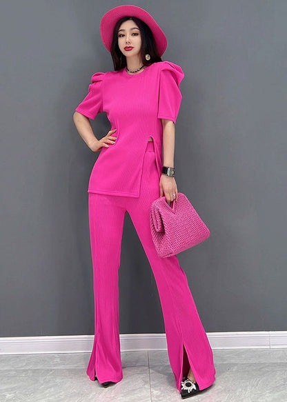 Slim Fit Red O-neck Side Open Cotton Two Piece Suit Set Short Sleeve
