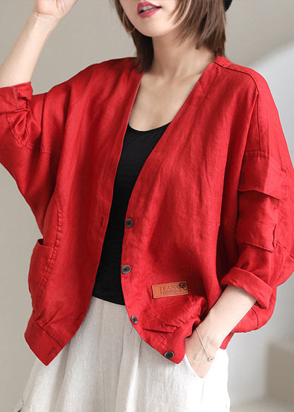 Red V Neck Pockets Fall Coats Long Sleeve