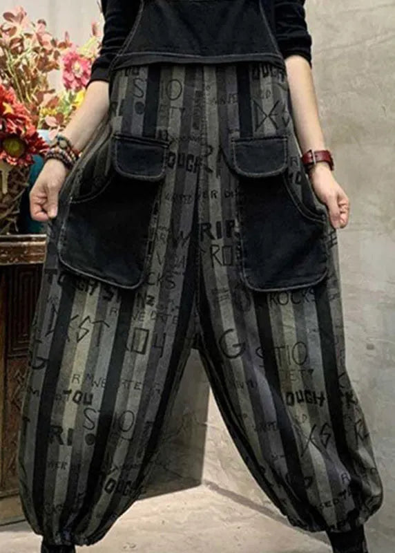 Black Graphic Print Striped Button Denim Jumpsuits Spring