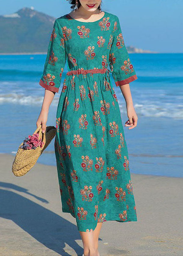 Original Design Green O-neck Print Tie Waist Cotton Linen Holiday Dresses Half Sleeve