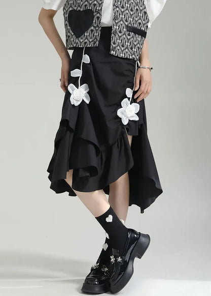 Black Wrinkled Asymmetrical Patchwork Cotton Skirt Fall