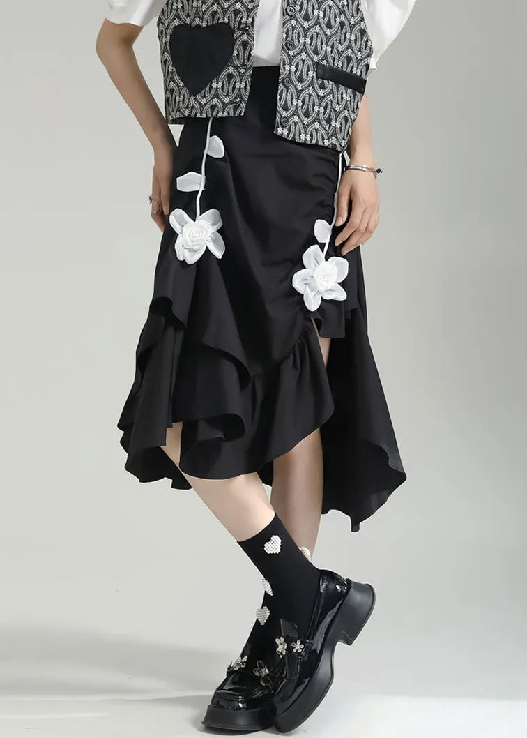Black Wrinkled Asymmetrical Patchwork Cotton Skirt Fall