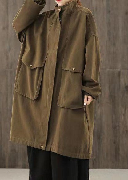 Handmade Chocolate Zippered Pockets Patchwork Fall Trench Coats