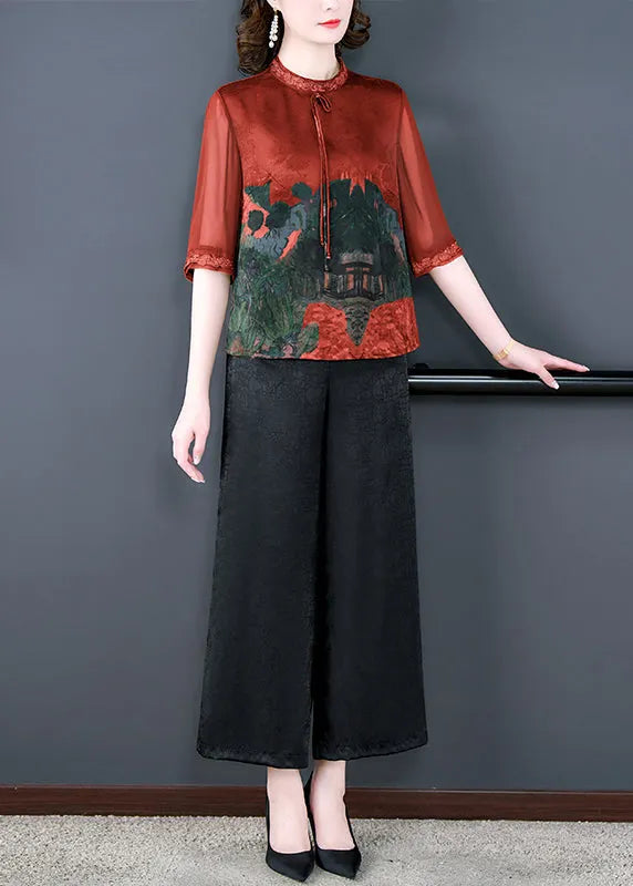 Green Print Tops and Pants Silk Two Pieces Set Summer