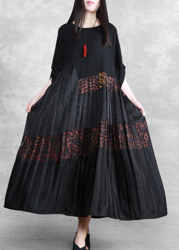 Luxy Silk Maxi Dresses Black Pleated Low High Patchwork Dress