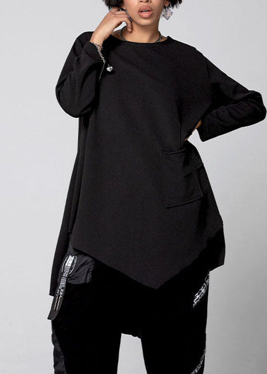 Black Asymmetrical Pockets Cotton Shirt Spring