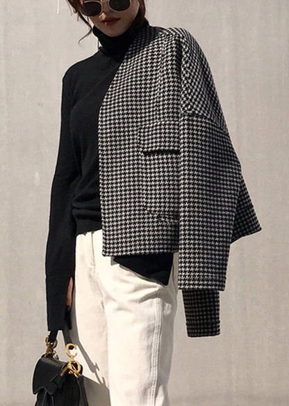 Vogue Black Notched Plaid Pockets Cashmere Coat Long Sleeve Fall