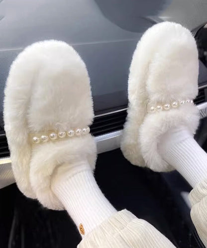 Beige Fuzzy Fur Platform Penny Loafers Splicing Nail Bead
