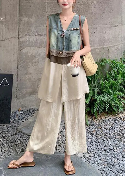 Stylish V Neck Denim Patchwork Cotton Two Pieces Set Summer