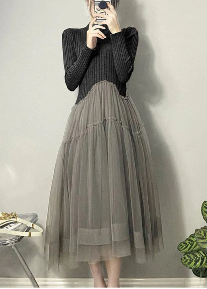 Yellow Asymmetrical Tulle Patchwork Long Dresses Fall