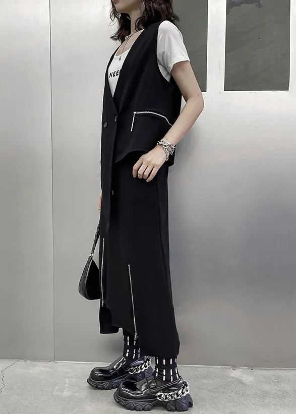 Unique Black Asymmetrical Patchwork Waistcoat and Skirts Cotton Two Pieces Set Sleeveless