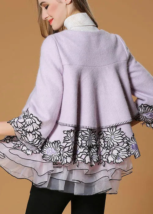 Style Purple Embroideried Tulle Patchwork Fall Woolen Coats