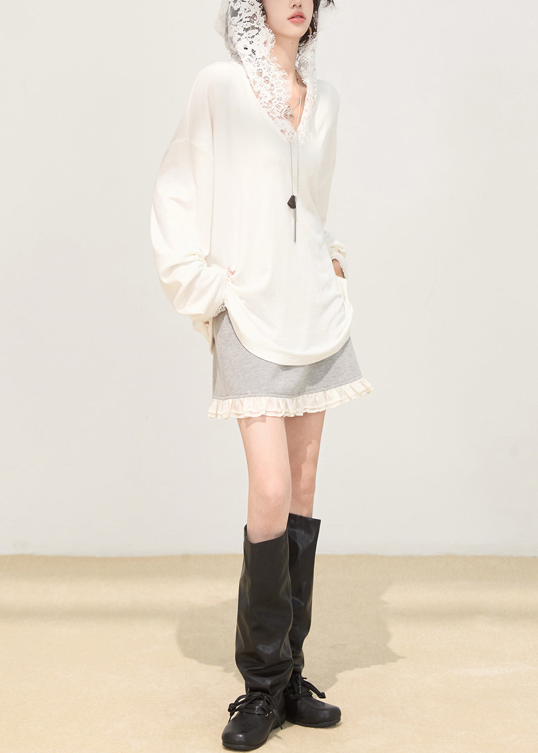 White Hooded Patchwork Lace Cotton Pullover Sweatshirt Spring