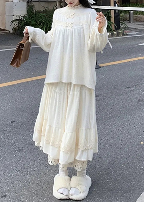 Beige Lace Patchwork Tops and Skirts Cotton Two Pieces Set Spring