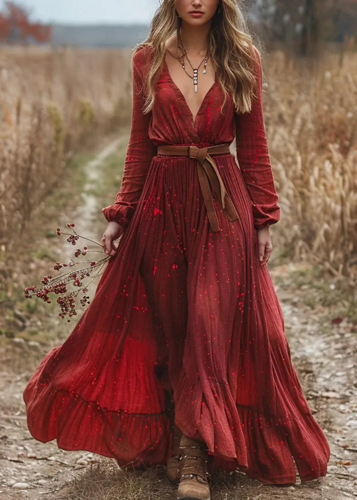 Red V Neck Wrinkled Patchwork Cotton Dress Long Sleeve
