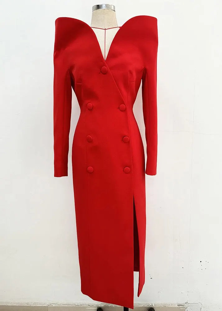 Boutique Red Slash Neck Double Breast Side Open Dress Fall