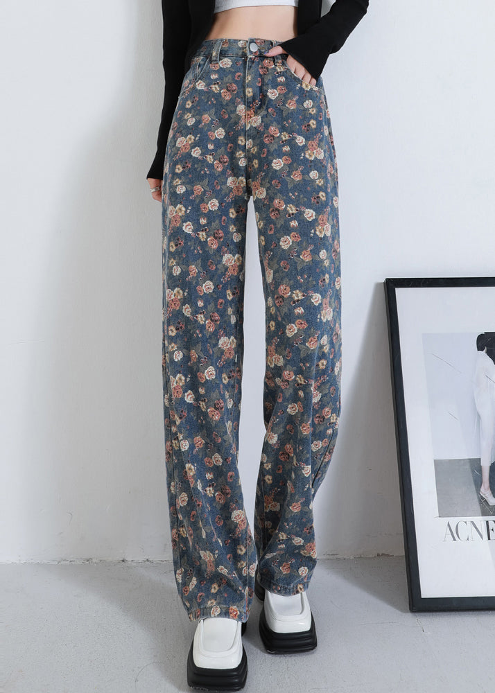 Navy Oversized Print Warm Fleece Denim Straight Pants Winter