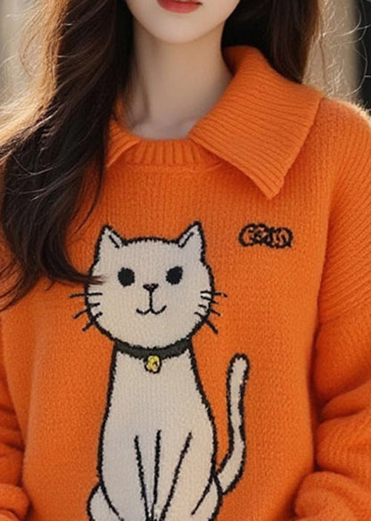 Orange Peter Pan Collar Cats Knitted Sweater Tops Fall