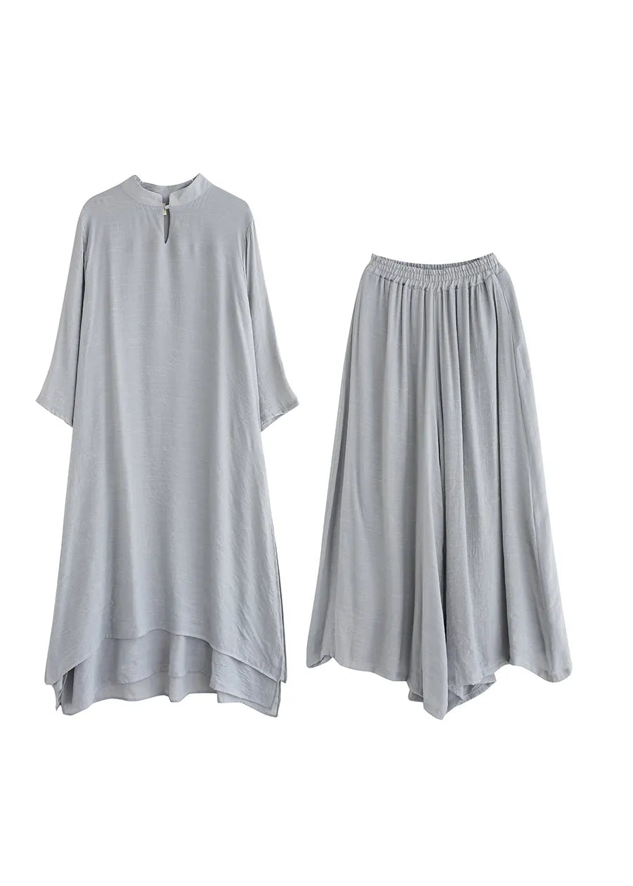 Grey Linen Two Piece Set Tops and Pants Clothing Spring Summer