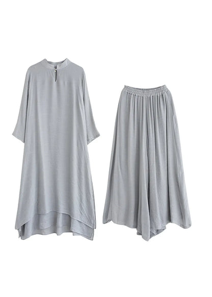 Grey Linen Two Piece Set Tops and Pants Clothing Spring Summer