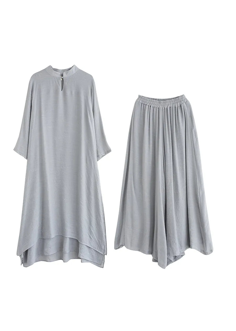 Grey Linen Two Piece Set Tops and Pants Clothing Spring Summer