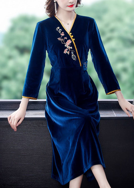 Dark Blue V Neck Embroideried Silk Velour Holiday Dress Long Sleeve
