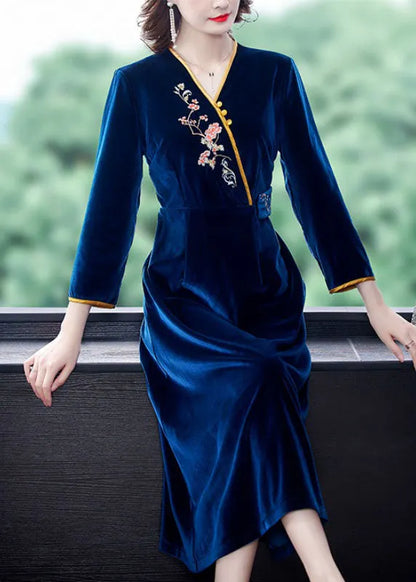 Dark Blue V Neck Embroideried Silk Velour Holiday Dress Long Sleeve