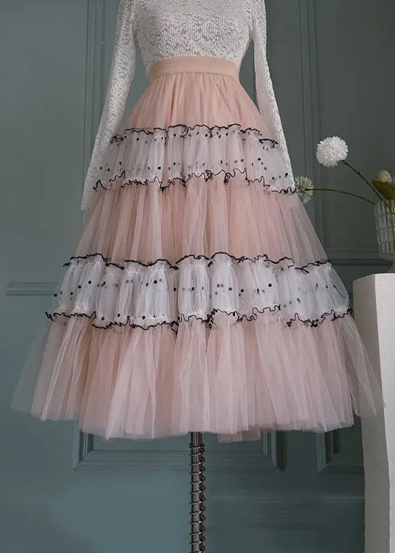 Art Pink Ruffled Elastic Waist Patchwork Tulle Skirts Summer